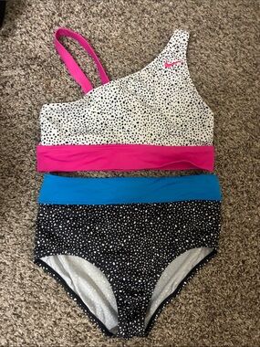 Nike Women’s One-Shoulder Spot Print Swim Set in Pink, Black & Blue